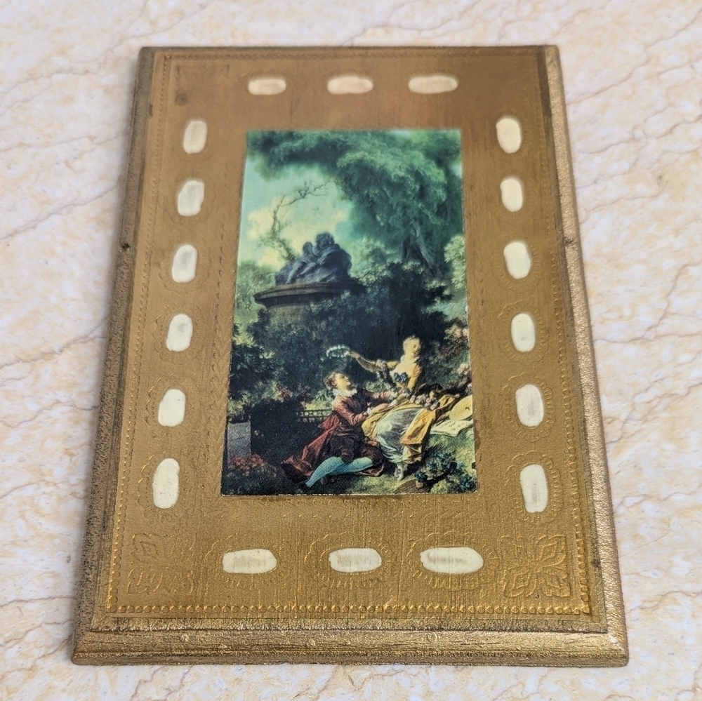 Vintage Italian Florentine Gold Gilt Pair Garden Scene Lady Portrait Wooden Art - Picture 5 of 12